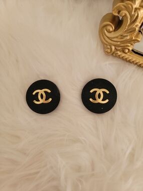 Chanel Black and Gold Logo Button Earrings